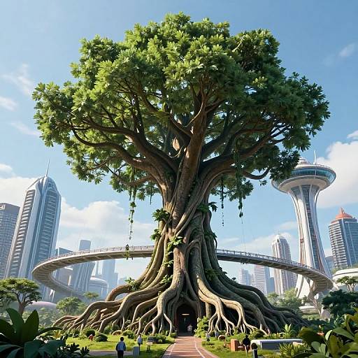 CGI image of a massive, ancient tree with sprawling roots in a futuristic cityscape, featuring tall skyscrapers and a circular skywalk. Bright