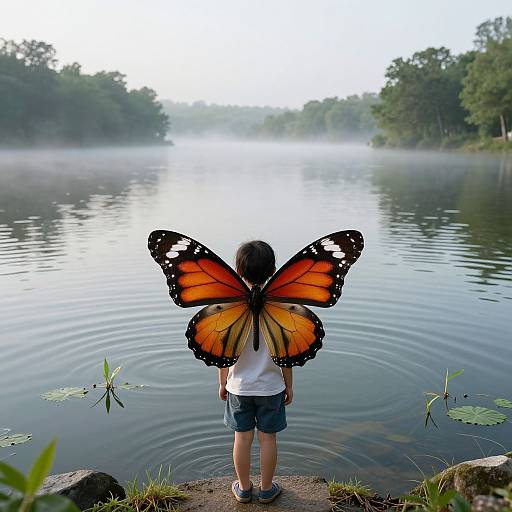 Photograph of a child with orange and black butterfly wings, standing at the edge of a misty lake, facing the water.
