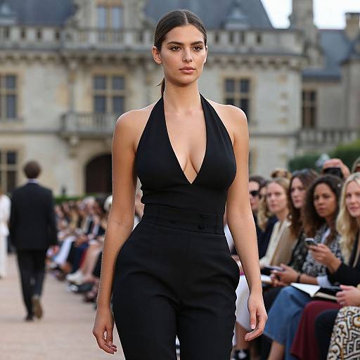 Photograph of a tall, slender woman with dark hair in a deep V-neck black halter jumpsuit, walking a fashion runway in front of a