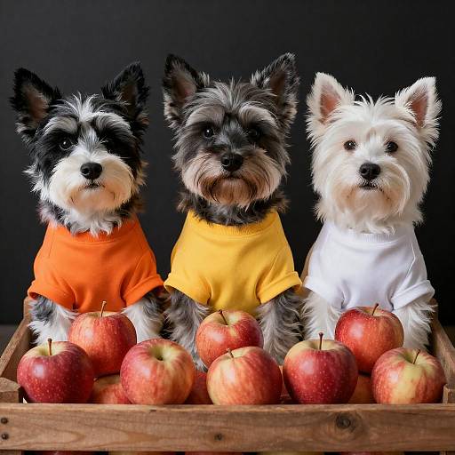 Three dogs in colorful shirts with apples