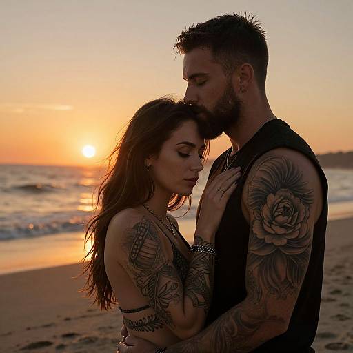Photograph of a tattooed couple embracing at sunset on a beach, silhouetted against the glowing orange sky and gentle waves.