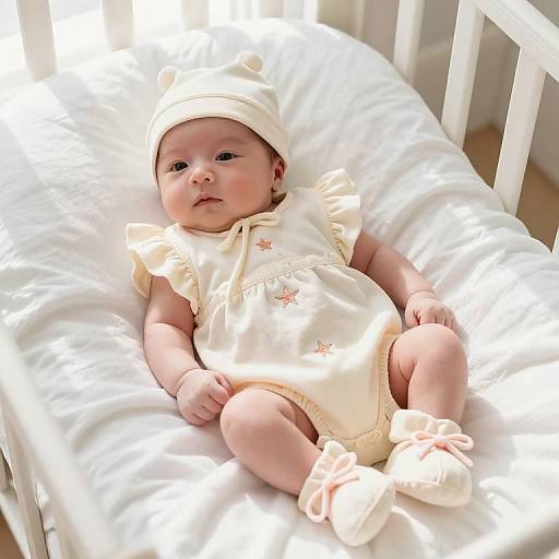 Photograph of a chubby, fair-skinned baby with rosy cheeks, wearing a white hat, star-patterned onesie, and pink shoes,
