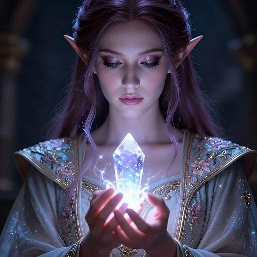 Digital fantasy artwork of a beautiful, pale-skinned elf with long brown hair, pointed ears, and delicate features, holding a glowing blue crystal close to