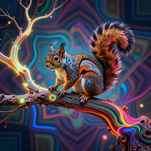 Digital artwork of a vibrant, multicolored squirrel with neon stripes sitting on a glowing, rainbow-illuminated branch against a swirling, abstract blue
