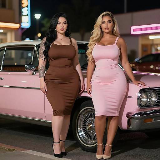 Curvy Women by Classic Car at Night