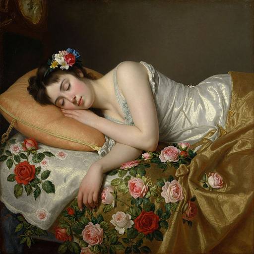 Photorealistic painting of a sleeping woman with pale skin, dark hair, and a floral headpiece, wearing a white satin dress, on a floral