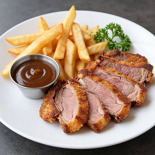 Photograph of a white plate with crispy golden fries, five slices of browned, juicy roast beef, and a small cup of dark brown gravy,