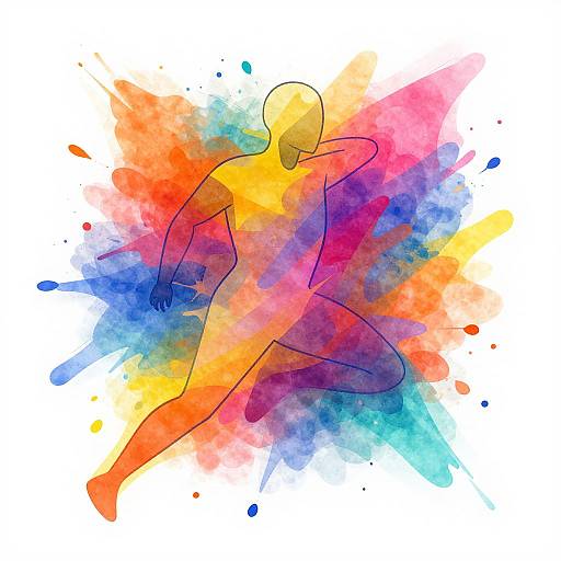 Abstract digital artwork featuring a colorful, silhouette-like runner with vibrant splashes of red, orange, yellow, blue, and purple.