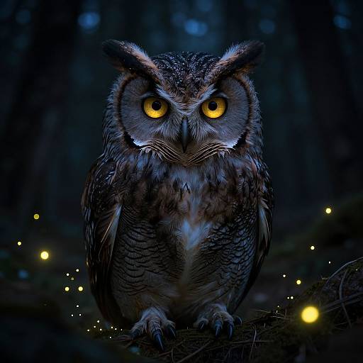 Photograph of a large, detailed owl with glowing yellow eyes, perched on a branch in a dark, blue-lit forest, surrounded by small