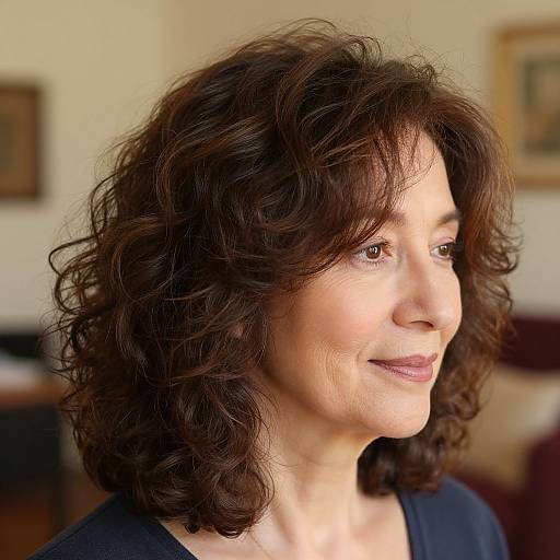Photograph of a middle-aged woman with curly, shoulder-length brown hair, fair skin, wearing a black top, looking to the right with a slight