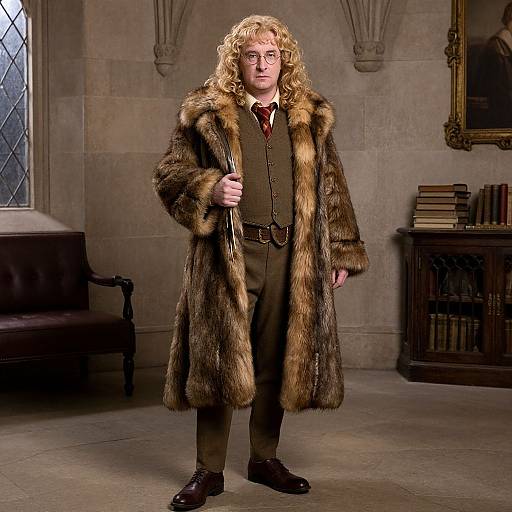 Photograph of a man with long curly blonde hair wearing a brown fur coat over a brown suit, standing in a medieval-style library with stone walls and