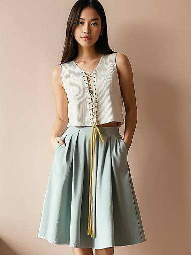 Woman in white sleeveless top and midi skirt