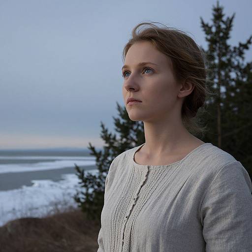 Photograph of a serious, fair-skinned woman with light brown hair in a loose bun, wearing a beige, buttoned, long-sleeve