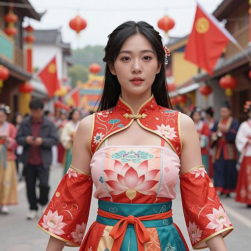 Serene Asian Woman in Vibrant Festival Attire
