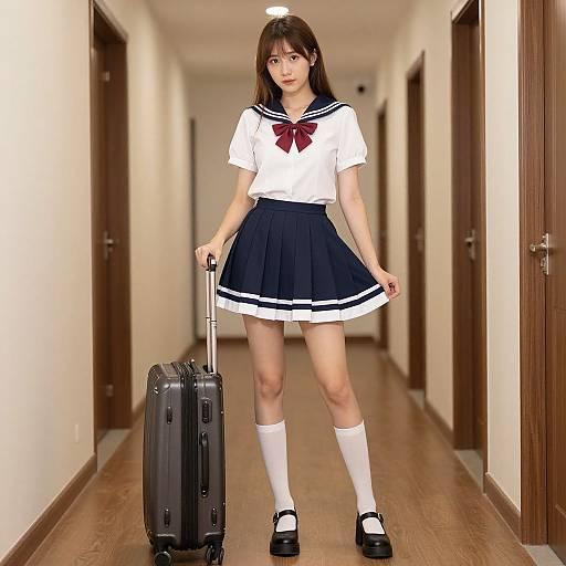 Photograph of an Asian schoolgirl in a white sailor uniform with red bow, black skirt, white knee socks, and black shoes, holding a black