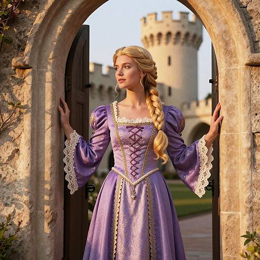 Young Woman in Medieval Purple Gown by Castle Doorway
