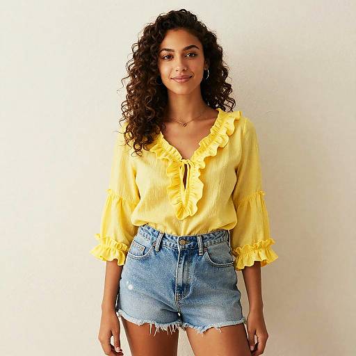 Young Woman in Yellow Ruffled Blouse and Denim Shorts