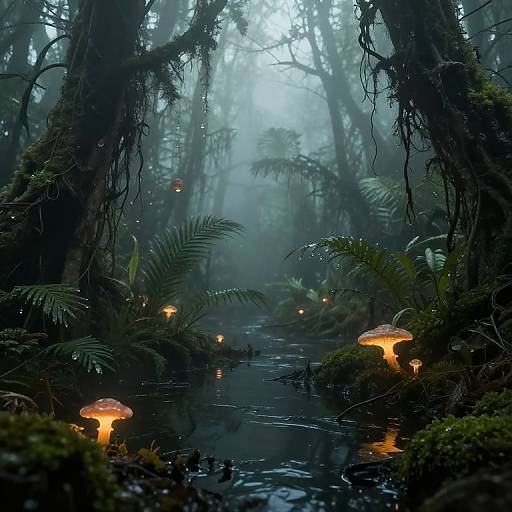 Surreal Misty Swamp with Glowing Fungi