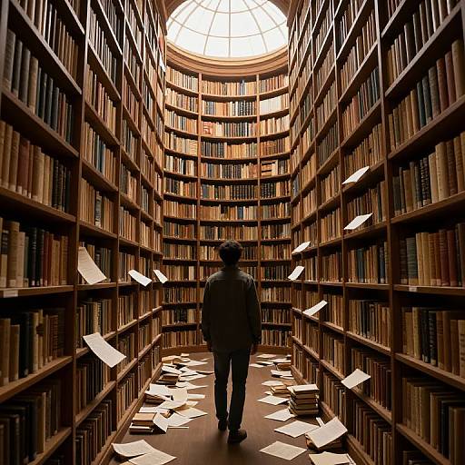 Photograph of a solitary figure in a dimly lit, circular library with towering shelves of books, papers flying, and a skylight illuminating
