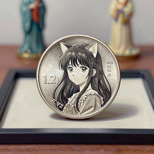 Photograph of a silver coin with a black-haired anime catgirl portrait, featuring cat ears, displayed in a black frame, with blurred figurines in