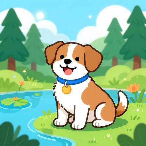 Cute cartoon dog with orange and white fur, blue collar, and yellow tag sits by a colorful, sunny forest pond.