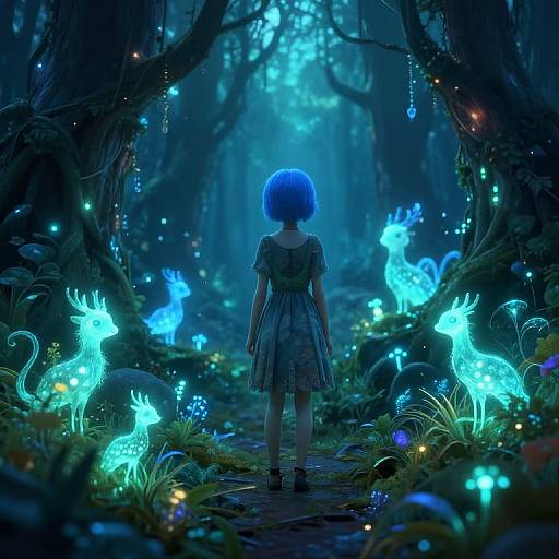 Digital artwork: Blue-haired child in a floral dress stands in a luminescent, enchanted forest with glowing blue deer and fireflies.