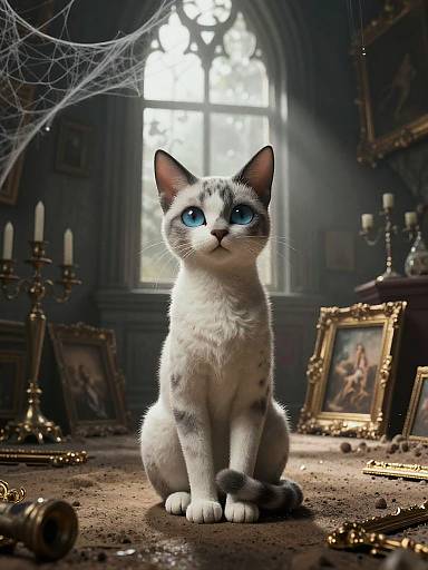 Photorealistic digital art of a white and gray cat with bright blue eyes sitting in a dimly lit, cluttered antique room with framed pictures,
