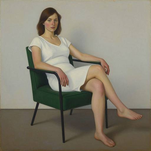 Photorealistic painting of a fair-skinned woman with brown hair, wearing a white dress and barefoot, seated in a green armchair against a