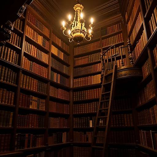 Photograph of a dimly lit, grand library with dark wooden bookshelves, a vintage chandelier, and a metal ladder, bathed in