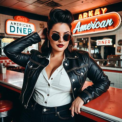 Curvy woman in leather jacket at vintage diner