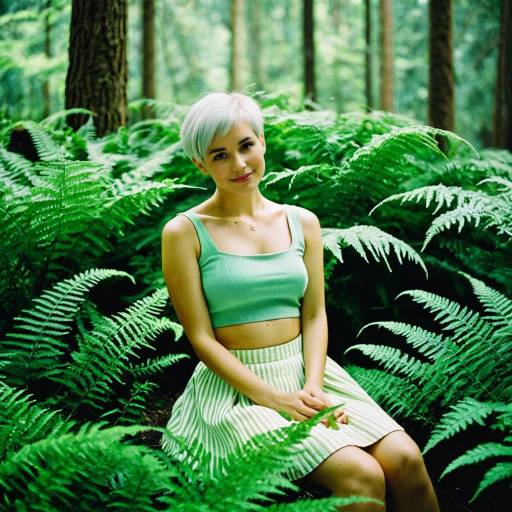 Young woman sitting among ferns in forest