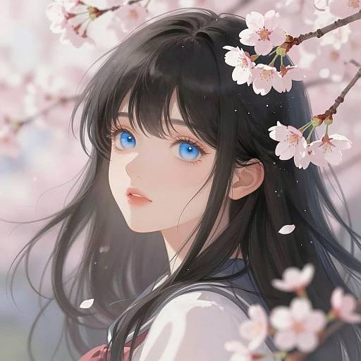 Digital anime-style illustration of a young woman with long black hair, striking blue eyes, and fair skin, surrounded by cherry blossoms. She gazes