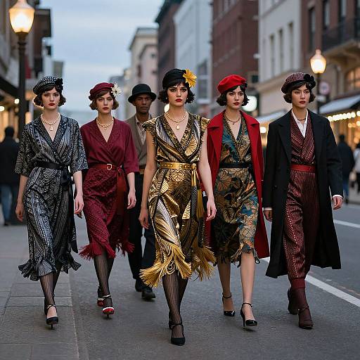 Photograph of five women in 1920s flapper dresses, featuring gold, red, and black patterns, walking down a historic street at dusk