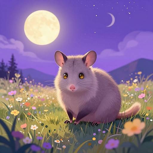 Digital illustration of a cute, fluffy opossum with large, golden eyes sitting in a moonlit meadow filled with colorful flowers under a starry