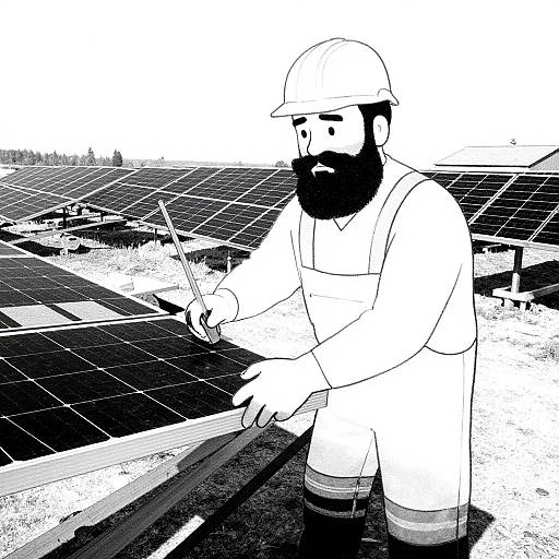 Black-and-white digital drawing of a bearded worker in helmet and protective gear installing solar panels on a rooftop. Bold, simplistic style.