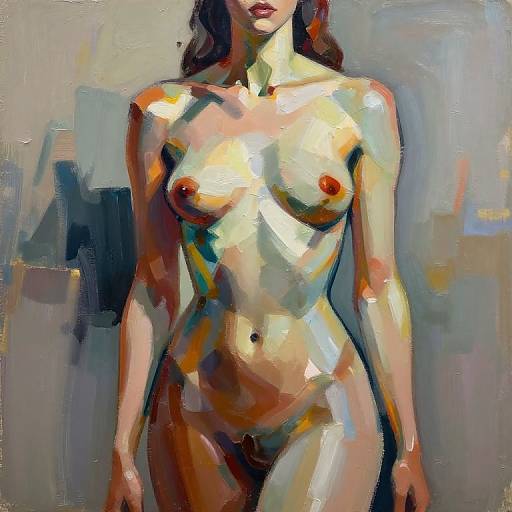 Impressionistic painting of a nude woman with light skin, small breasts, and brown hair, standing against a blurred, abstract background.