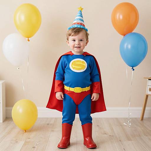 Photograph of a smiling toddler in a Superman costume, red boots, blue bodysuit, yellow belt, red cape, and party hat, standing