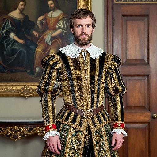 Man in Tudor King Costume in Ornate Room