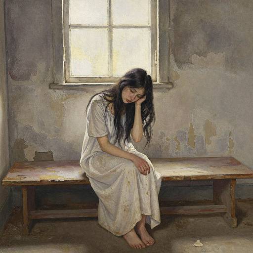 Sad woman with long black hair sits on a wooden bench in a dimly lit, worn-out room, wearing a white, loose dress, with a