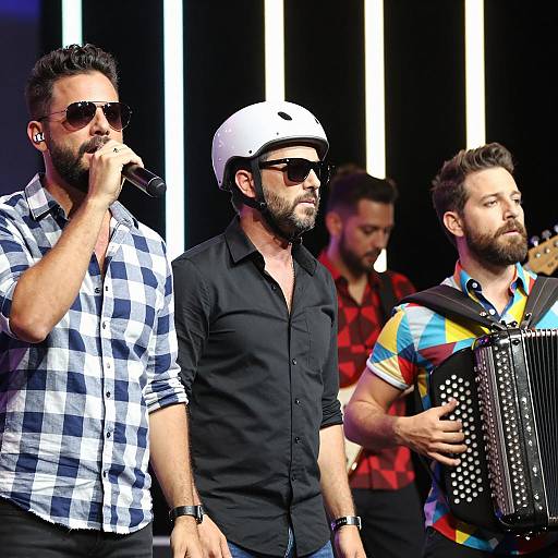 Band Performing on Stage with Accordion and Microphone