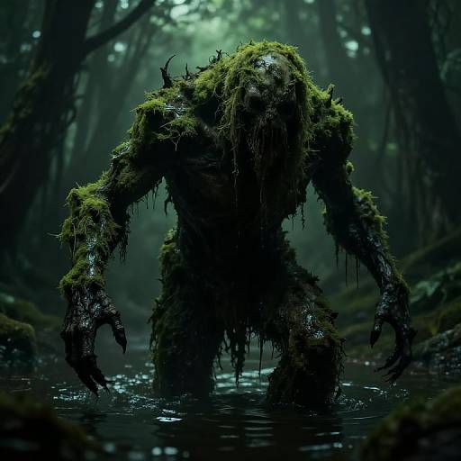 Photorealistic digital artwork of a moss-covered, decaying monster with dripping blackened skin standing in a dark, misty forest stream.