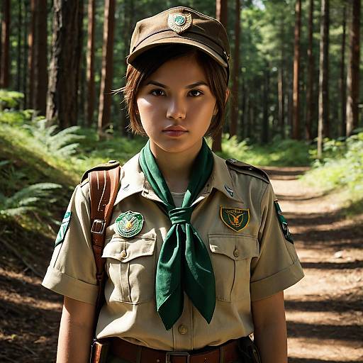 Young Girl in Scout Uniform in Forest