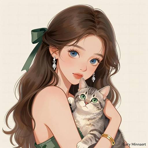 Digital Illustration of Woman Holding Gray Tabby Kitten