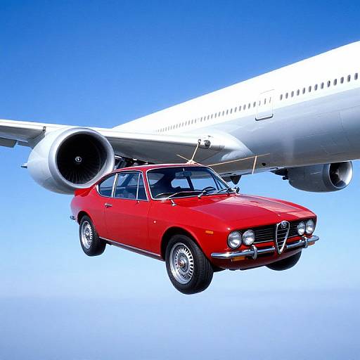 Photograph of a bright red vintage car with chrome bumper and headlights, flying above a white airplane against a clear blue sky.