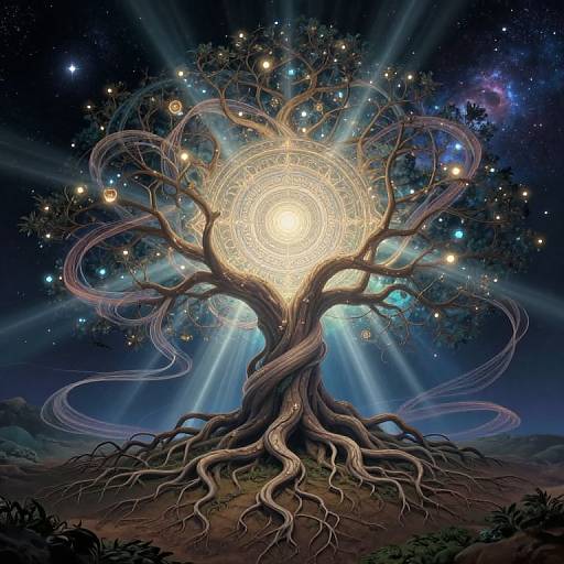 Fantastical digital artwork of a cosmic tree with glowing, intricate branches, swirling vines, and radiant center against a starry night sky.