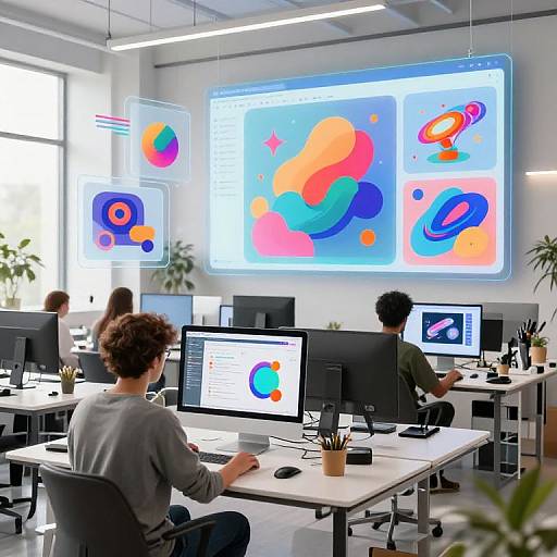 Photograph of a modern, brightly lit office with three employees working at desks, surrounded by colorful abstract digital screens on the wall.