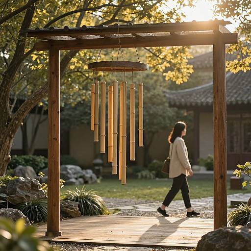 Photograph of a woman walking past a wooden pergola with hanging bamboo cylinders in a sunlit garden, featuring a traditional Asian-style building and lush green