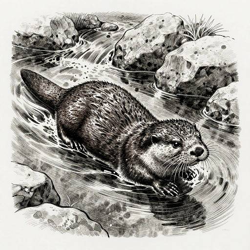 Monochrome Illustration of River Otter Swimming in Creek