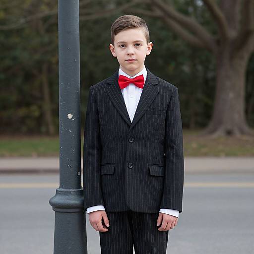 Photograph of a young boy with short brown hair, wearing a black pinstripe suit, white shirt, and red bow tie, standing beside a