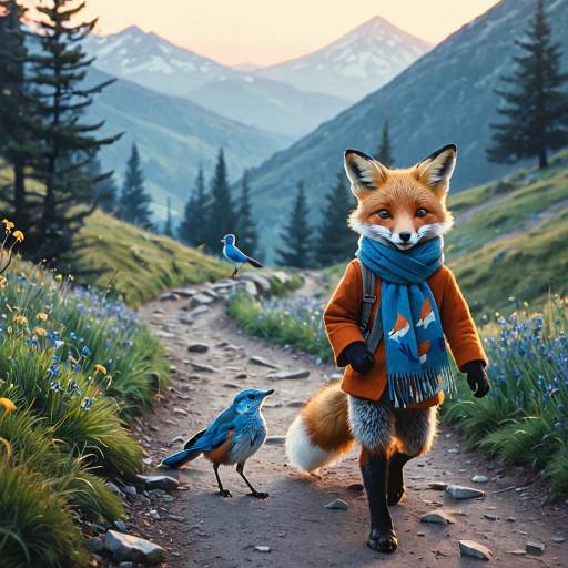 Fox Wearing Scarf Walking on Mountain Path